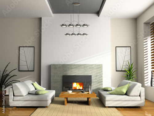 带壁炉和沙发的家庭室内3d渲染