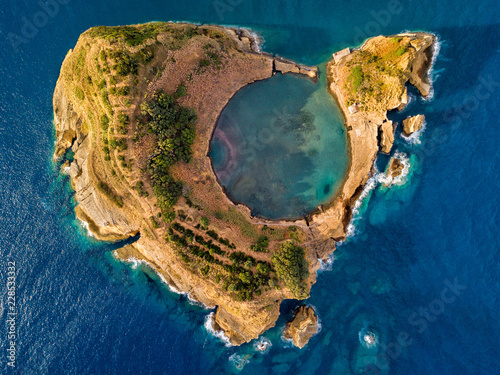 Top view of Islet of Vila Franca do Campo is formed by the crater of an old underwater volcano near 