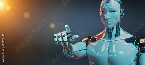 白色的男性机器人指着他的手指3D渲染
