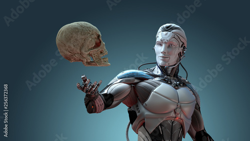 机器人和人类头骨人工智能概念，3d渲染
