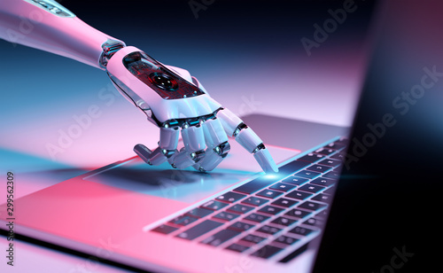 机器人的手按在笔记本电脑的3D渲染键盘上