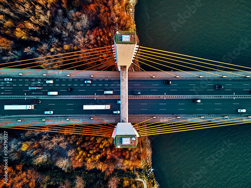 Beautiful panoramic aerial drone view to cable-stayed Siekierkowski Bridge over the Vistula river an