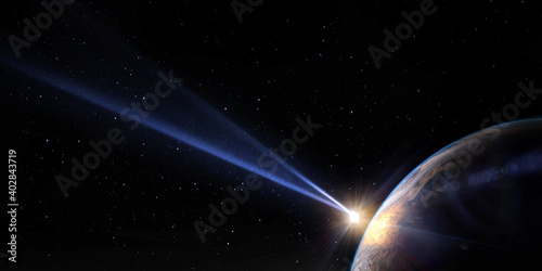 彗星，小行星，陨石飞向行星地球在星空。发光的小行星和