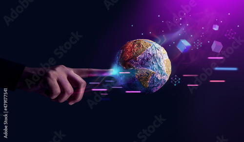 世界技术概念。Metaverse, Web3和区块链。全球网络和数据交换。Worldwi