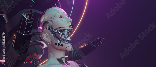 机器人大脑，半机械人面孔，未来女性机器人头，人工智能概念艺术f